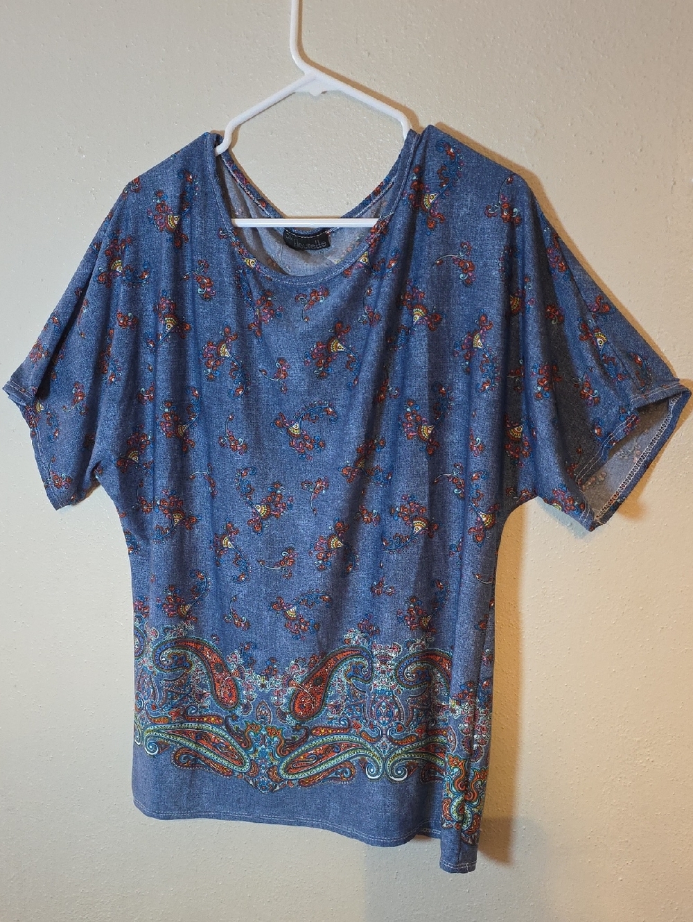 J.M. Fleurette Women's Blue Paisley-Trim Short Sleeve Tee 2X